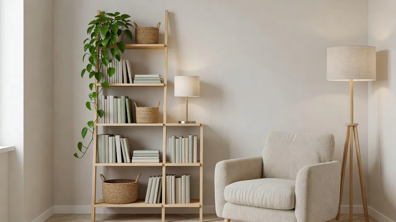 A slim oak ladder bookshelf in a light Scandinavian corner with pale books, woven baskets, a trailing pothos plant and a table lamp next to a boucle armchair and a floor lamp