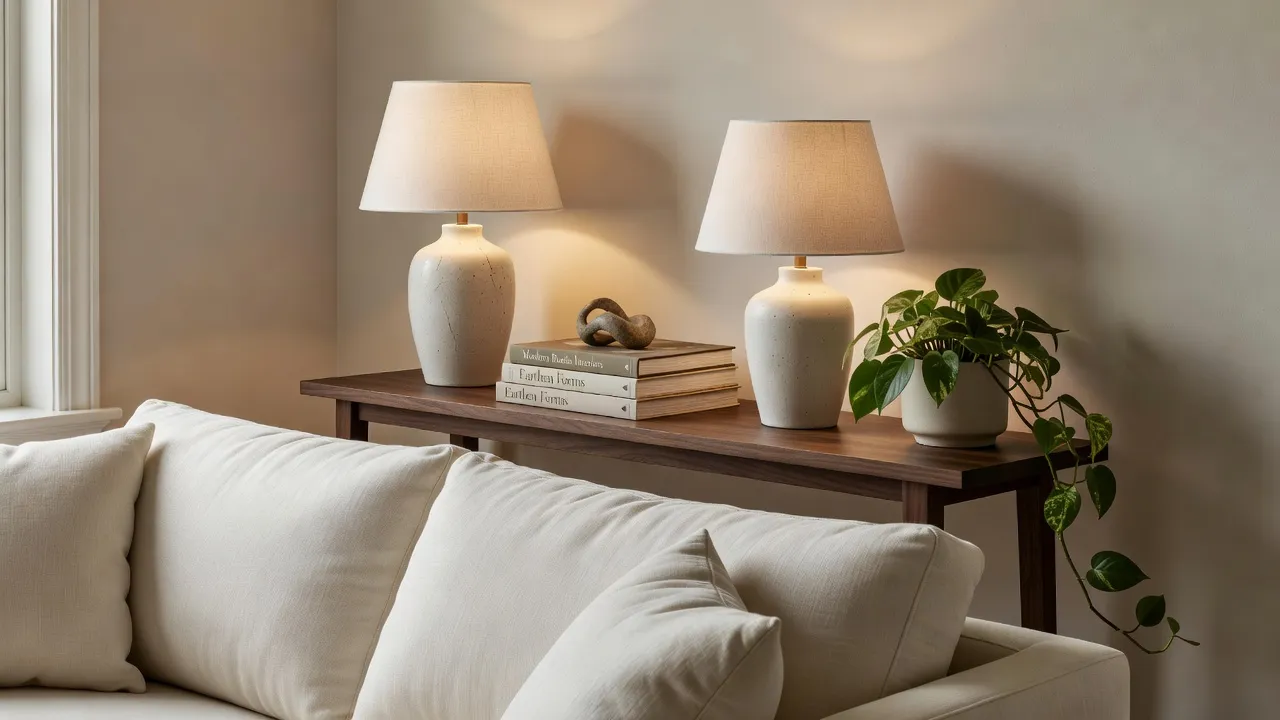 Orzechowa konsola za kremową sofą z dwiema pasującymi ceramicznymi lampami, stosem książek, małą rzeźbą i zwisającą rośliną w ciepłym wieczornym świetle