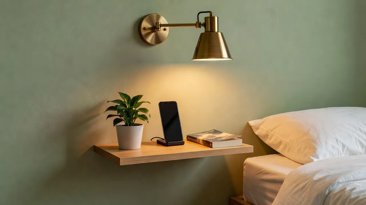 En smal svevende hylle i eik på en salviegrønn vegg ved siden av en seng, med en liten plante, en telefonlader og en pocketbok, og en vegglampe i messing med svingarm over