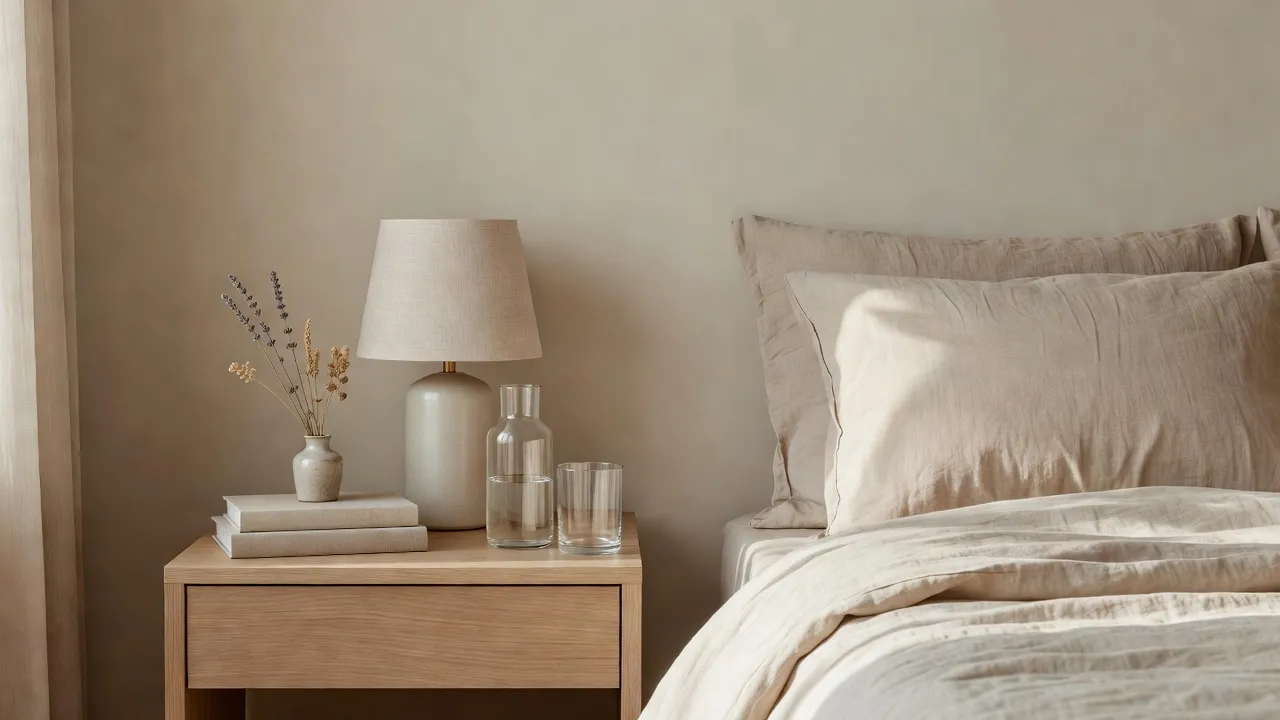 Et nattbord i lys eik ved siden av en seng med havregrønt lin-sengetøy, stylet med en keramisk lampe, en liten stabel bøker, en glasskaraffel med glass og en liten vase med tørkede stilker