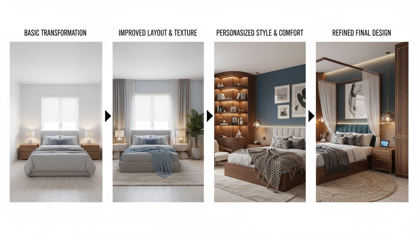 Series of AI design iterations showing progressive refinement from initial result to final design