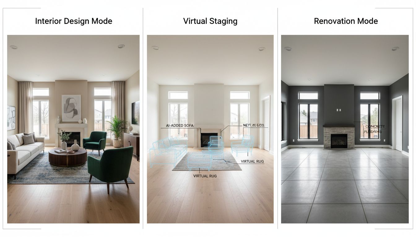 Comparison showing interior design mode virtual staging and renovation mode results from AI app