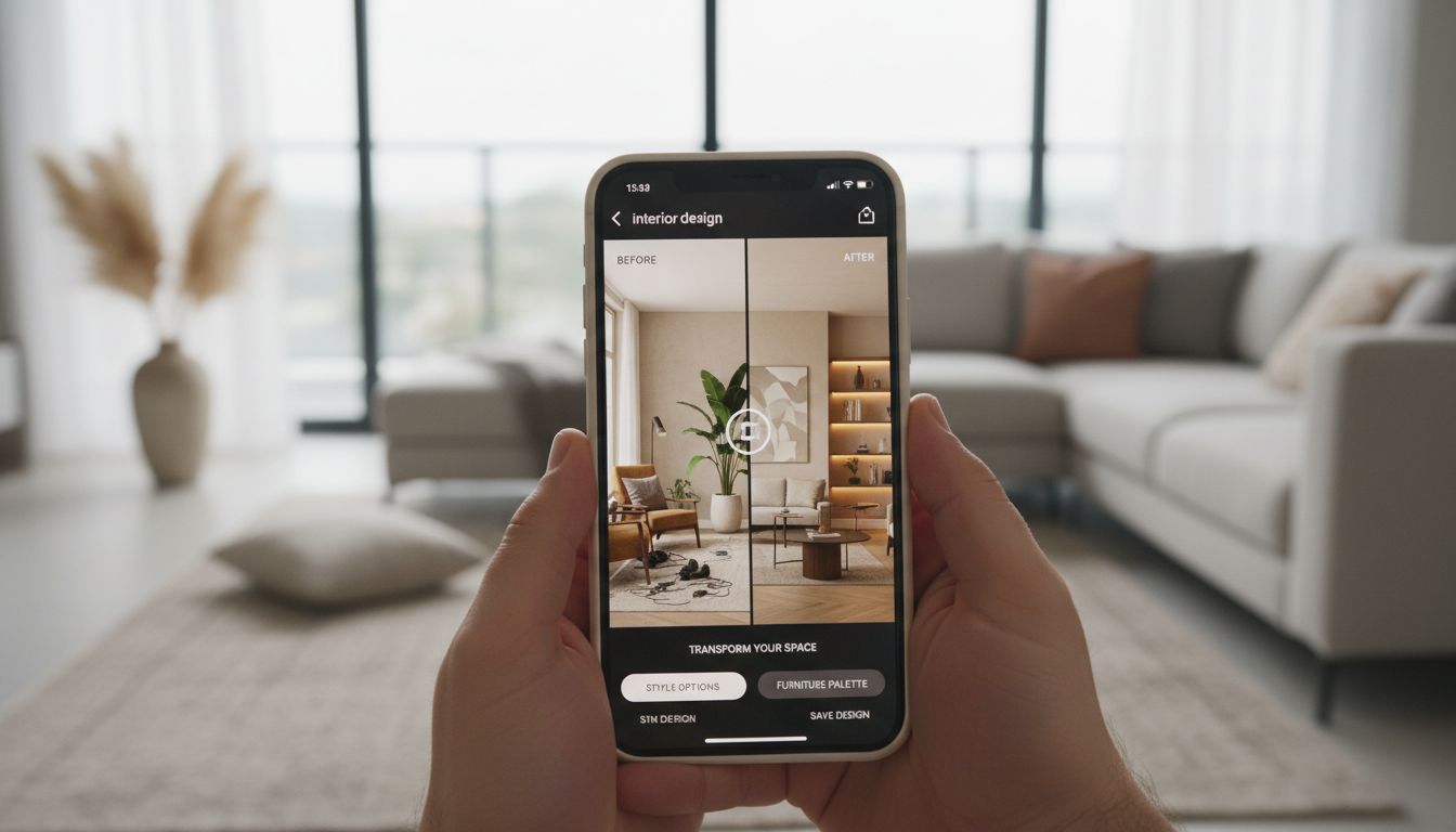 Person using AI interior design app on smartphone to redesign living room