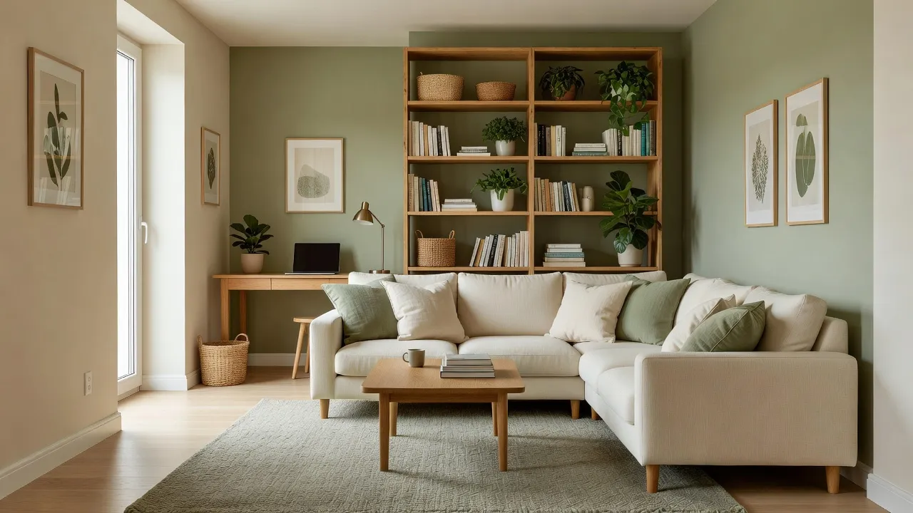 Uma sala integrada aconchegante em que uma estante vazada de carvalho separa a área do sofá e do tapete de uma pequena mesa de trabalho, em uma paleta de verde-sálvia e creme