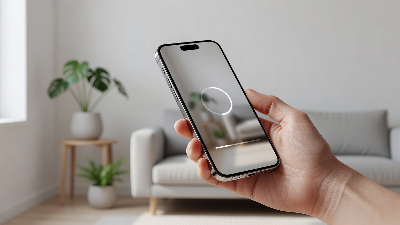 Grande plano de um smartphone a carregar em segurança uma foto numa sala de estar moderna, clara e arrumada, representando o carregamento seguro de fotos para design de interiores com IA