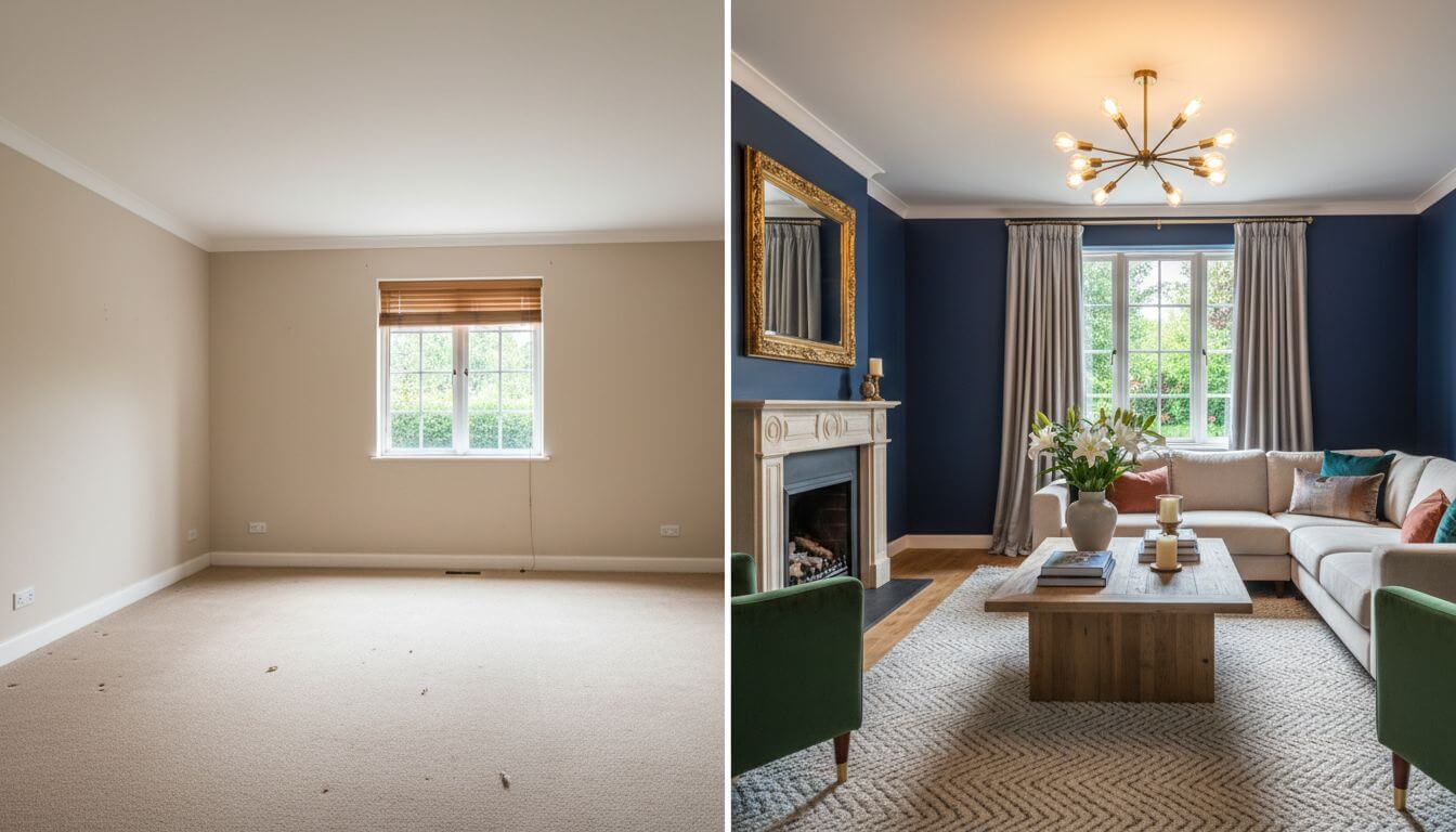 Modern living room transformed by room decor AI technology