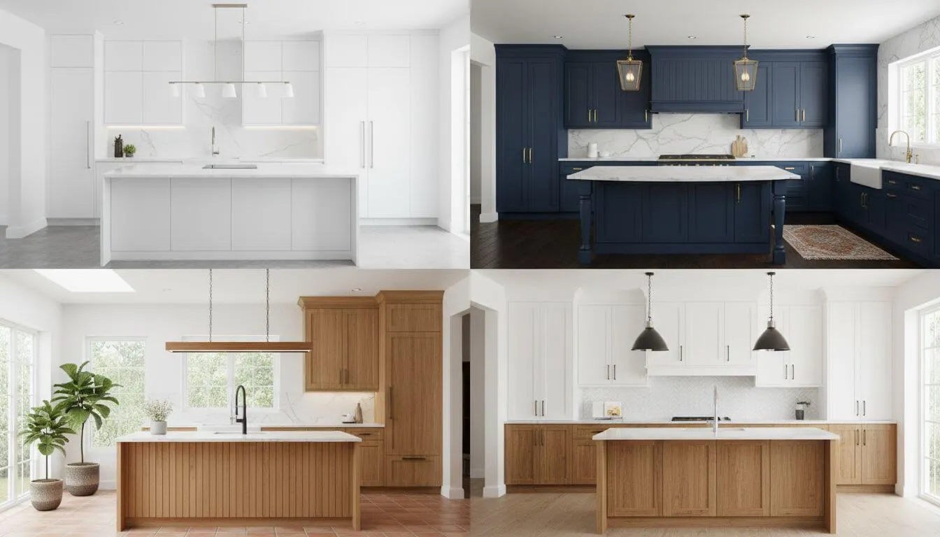 Grid showing the same living room in 4 different styles: Modern Farmhouse, Mid-Century Modern, Industrial, and Bohemian