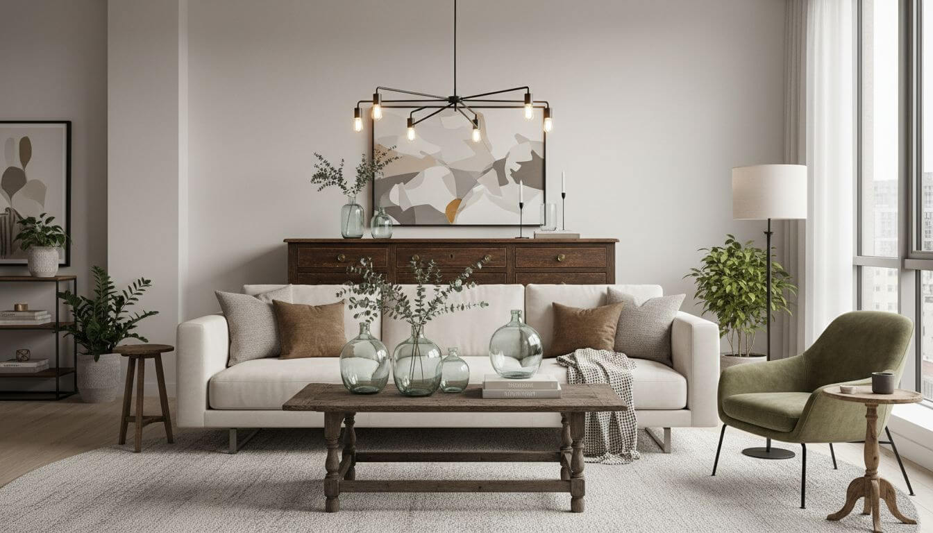 Room mixing antique inherited furniture with modern design elements harmoniously