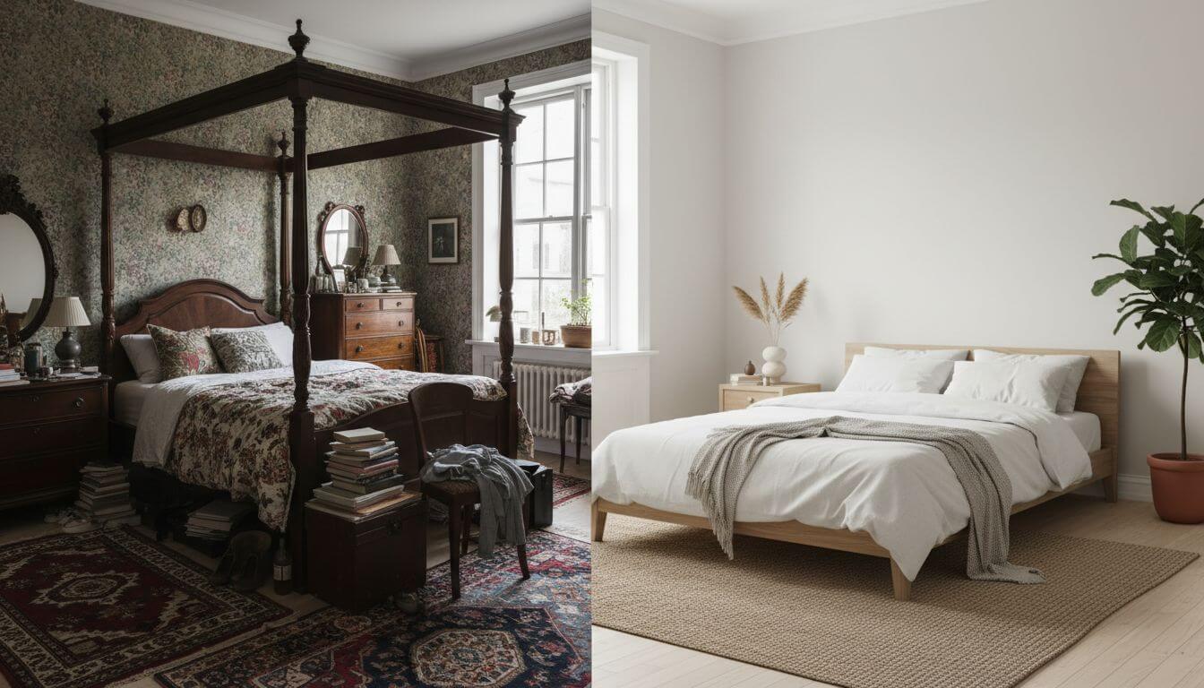 Split screen bedroom transformation from cluttered traditional to serene minimalist Japandi style