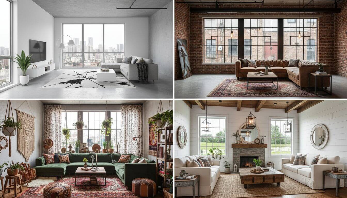 Grid showing five different AI-generated variations of the same room in different styles