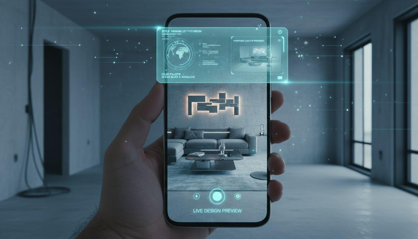 Concept image of augmented reality room design interface on smartphone