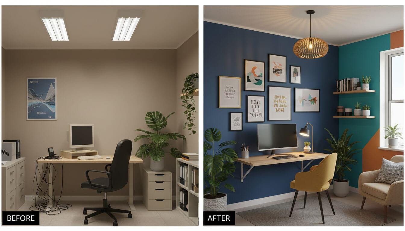Home office transformation from dull beige to vibrant productive workspace with plants and modern furniture