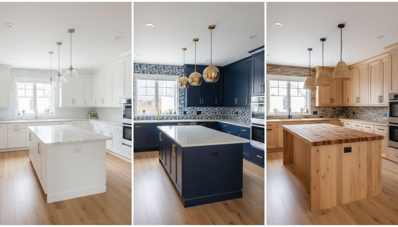 Same kitchen shown in three cabinet color options: white shaker, navy blue, and natural wood