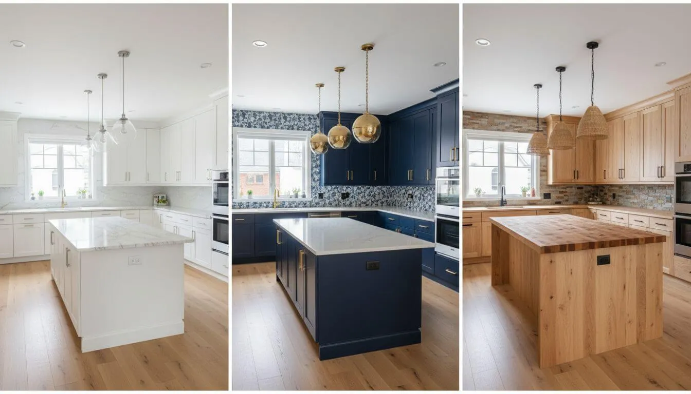 Same kitchen shown in three cabinet color options: white shaker, navy blue, and natural wood