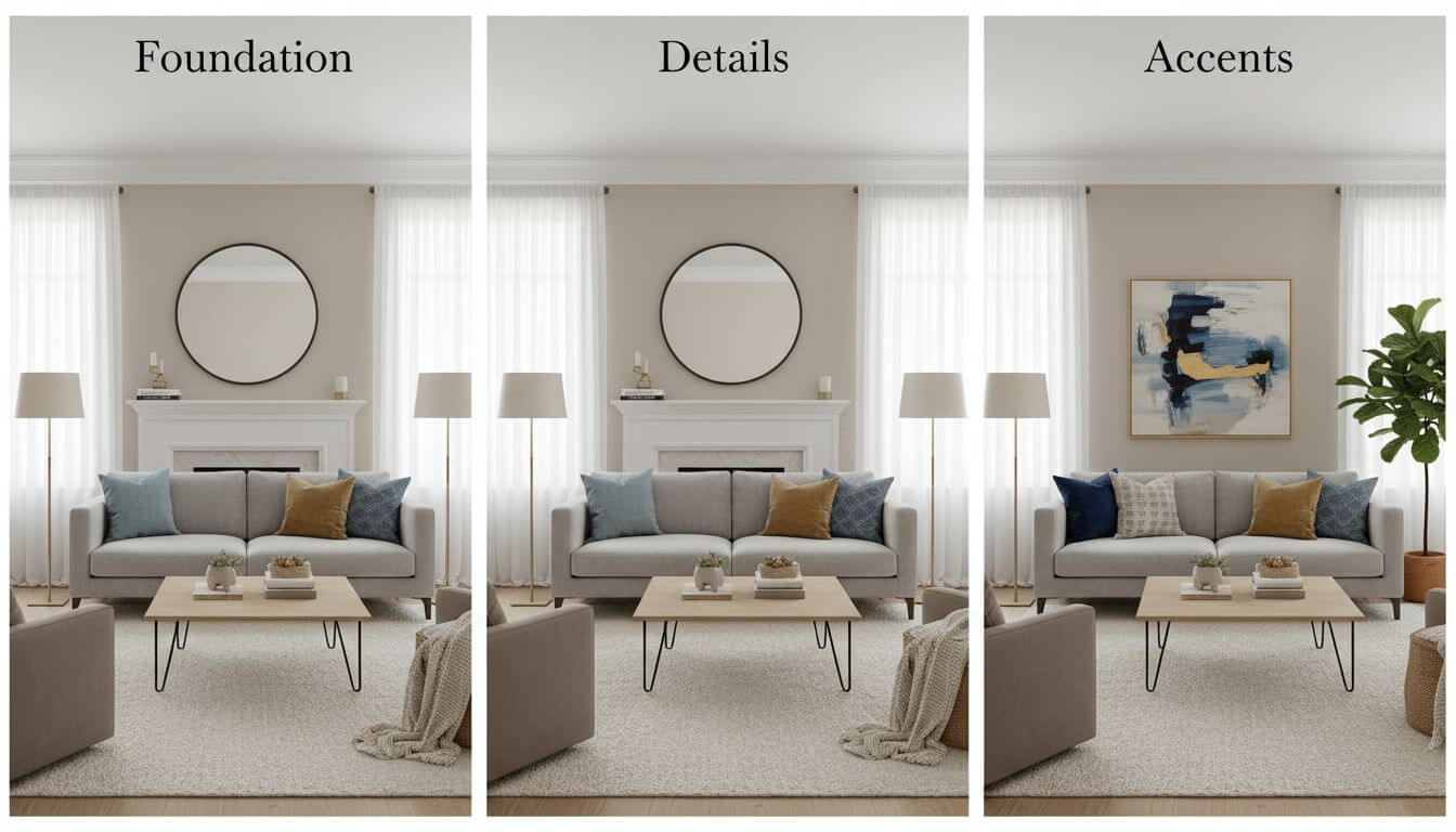 Three-step layered design process showing progression from basic to detailed room design