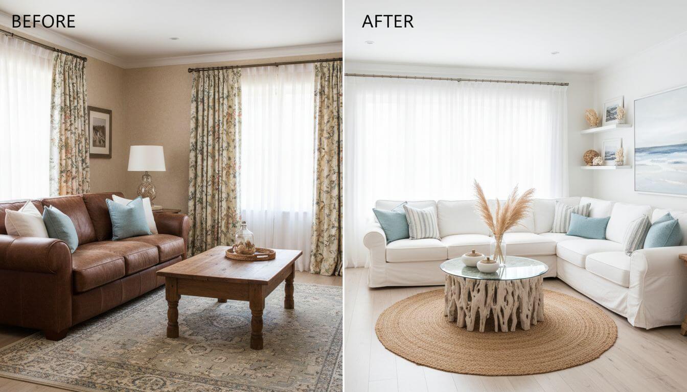 Before and after living room transformation showing outdated brown furniture transformed to modern white and gray aesthetic