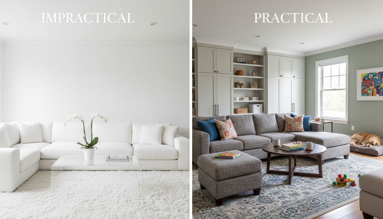 Side by side comparison of impractical trendy design vs practical family-friendly design
