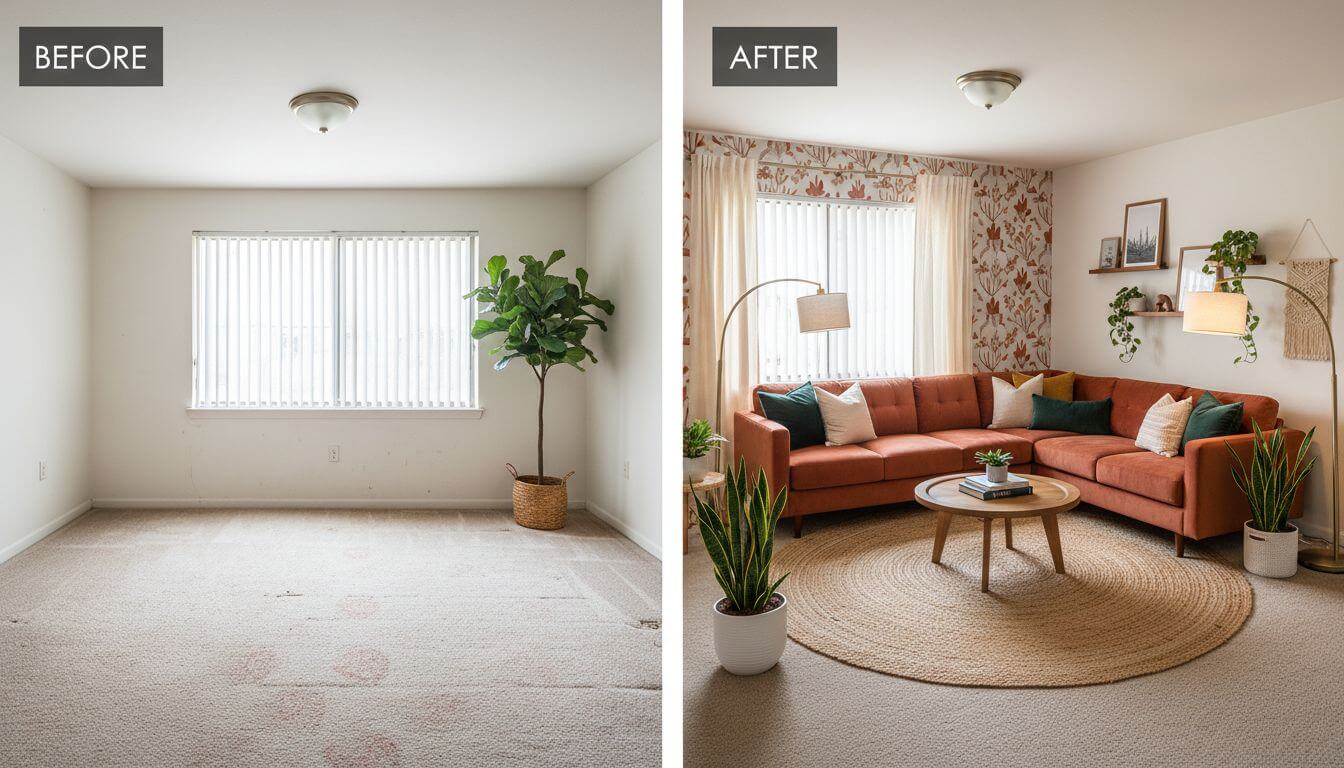 Rental apartment transformation using only removable decor elements and furniture