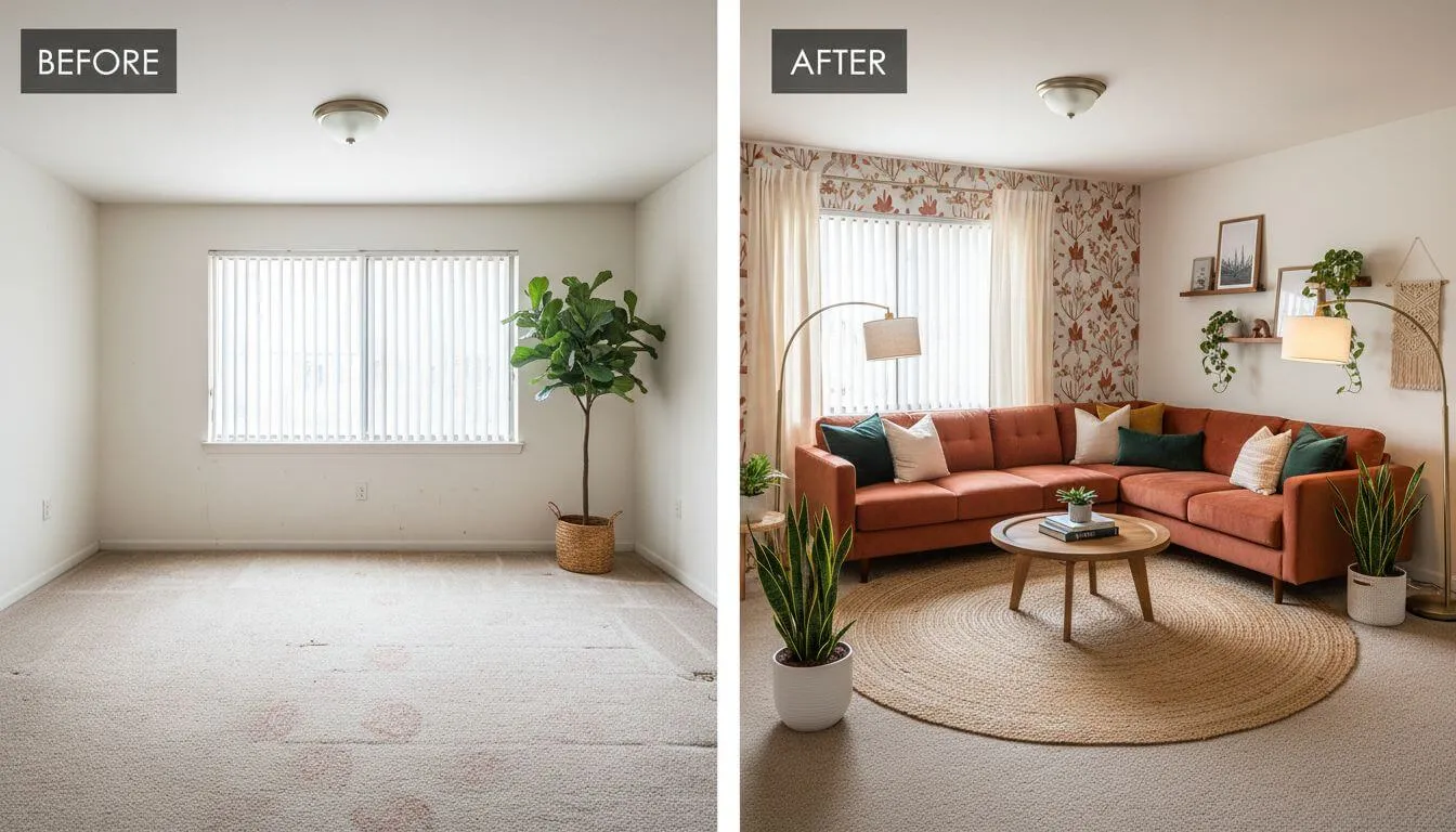Rental apartment transformation using only removable decor elements and furniture