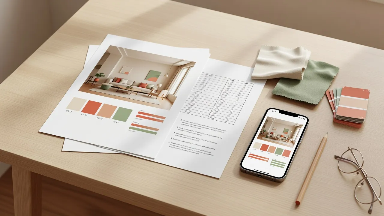 Een geprint ontwerprapport op een houten bureau met een foto van een herontworpen woonkamer, een rij kleurstalen met codes, scorebalken, een genummerde actielijst en een kostentabel, naast een telefoon met hetzelfde rapport