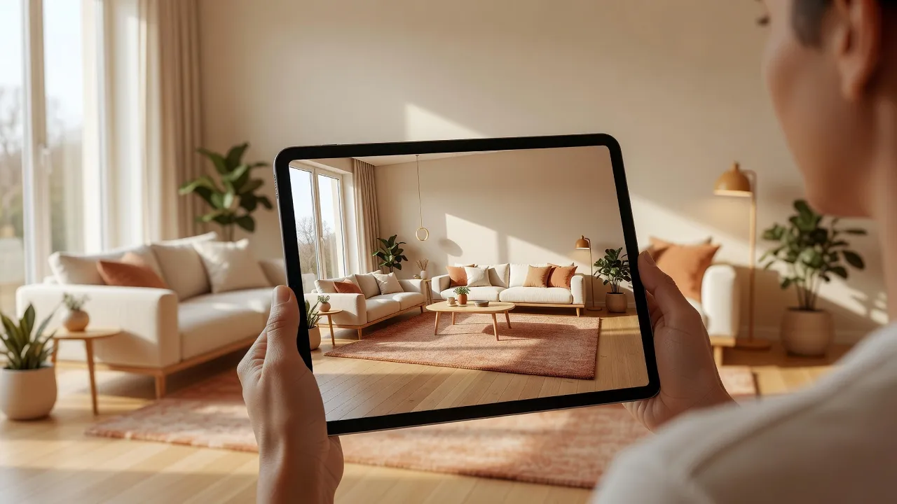 Een persoon met een tablet in een lichte woonkamer, het tabletscherm toont dezelfde kamer al herontworpen in een warme Scandinavische stijl