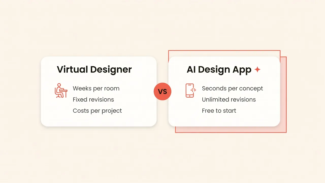 Vergelijkingsafbeelding met twee kaarten, één met het label Virtuele Ontwerper met weken per kamer, vaste revisies en kosten per project, en één met het label AI-Ontwerp App met seconden per concept, onbeperkte revisies en gratis om te starten