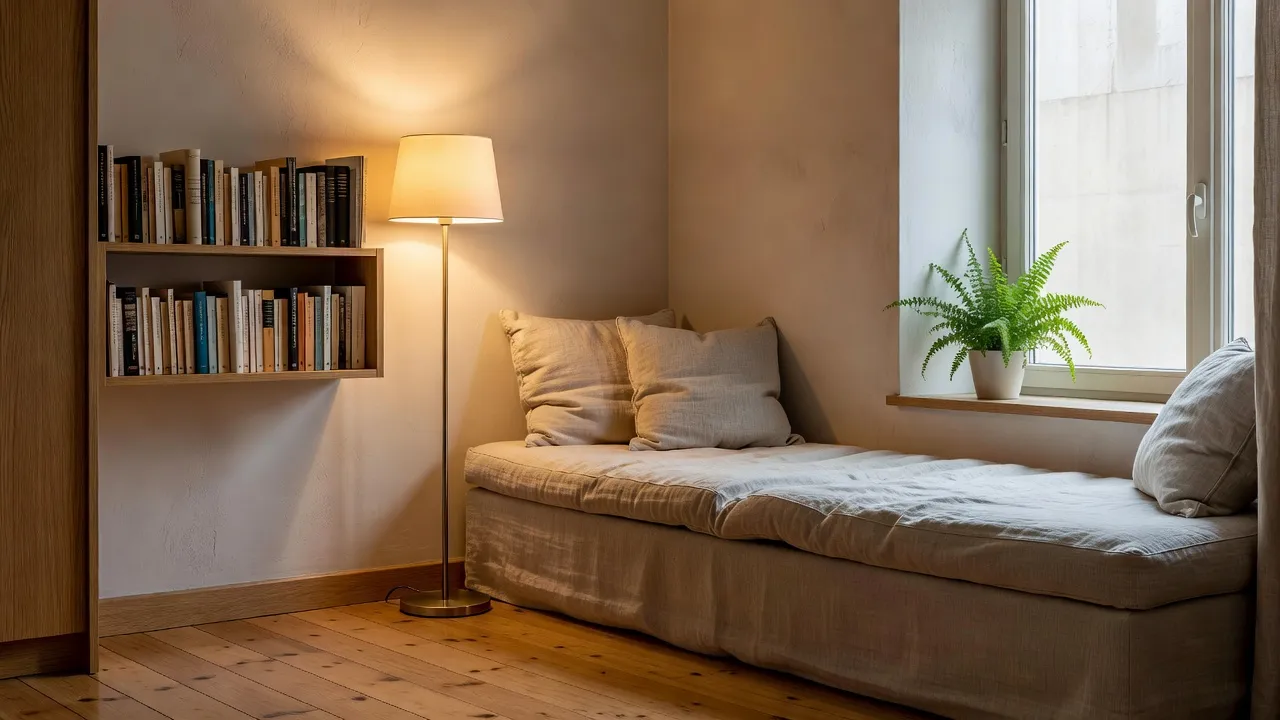 An awkward room corner turned into a reading nook with a linen window seat, a floating bookshelf, a brass floor lamp and a small fern by the window