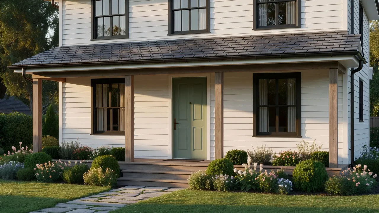 A two-storey house facade with white siding, a slate roof, a covered front porch, a sage green door and planted borders along a stone path