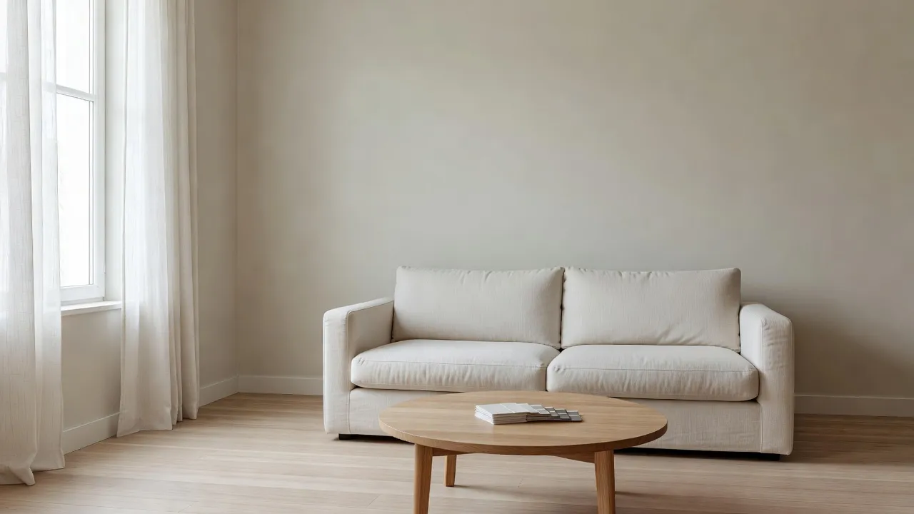 A calm living room with a linen sofa, round oak coffee table, paint swatch cards and sheer curtains on a light oak floor, ready for a redesign decision
